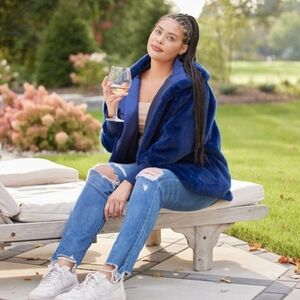 Faux Fur Blue Jacket/Cardigan With Hood